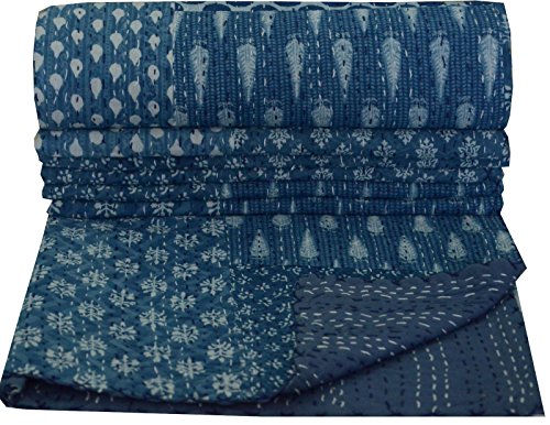 Sophia-Art Indian Blue Indigo Color Hand Block Rural Pure Printed Kantha Quilt, Queen Size Patchwork Cotton Bedspread, (Blue)