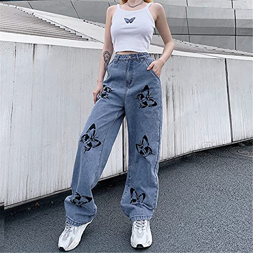 Eauptffy Dames Butterfly Denim Jeans Straight Jeans Y2K Stijl Brede Been Hoge Taille Jeans Harajuku Broek Stretchy Baggy Loose Streetwear Rechte Jeans met Brede Been Casual Broek - Image 3