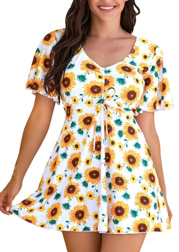 ECUPPER Womens One Piece Swimsuit with Sleeves Plus Size Swim Dress Modest Tummy Control Skirt Bathing Suit Built in Shorts