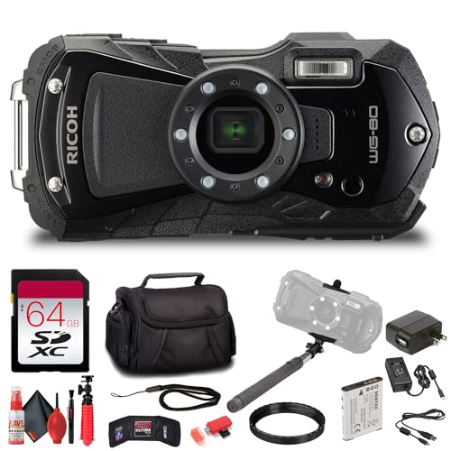 Ricoh WG-80 Rugged Waterproof Digital Camera (Black) Shockproof Freezeproof Compact Design | Full HD Video LED Macro Lights for Outdoor Travel Adventure + 64GB Card + More (12 Pc Bundle)