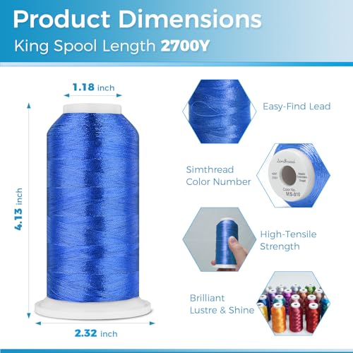 Image of Simthread 2700 Yards Metallic Embroidery Machine Thread - Sapphire MS-010, 40wt High-Sheen King Spool, Smooth Running & Break Resistant for Commercial & Home Embroidery Machines