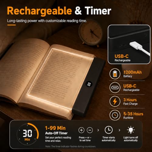 Image of 2 in 1 Smart LED Book Light & Night Light, with 3 Colors, Stepless Dimming | Rechargeable Clear Full Page Reading Light with Timer, Eye-Friendly Gifts for Readers, Students, Seniors & Book Lovers, Black