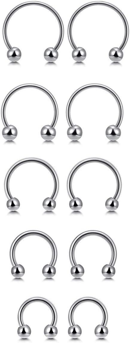 PiercingJ 10pcs 16G Stainless Steel Horseshoe Hoop Circular Barbells Earrings Cartilage Helix Septum Nose Lip Rings 6mm-14mm