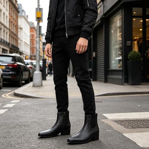 Image of Men'S Classic Leather Chunky Heel Chelsea Boots With Side Zipper Fashion Pointed Toe Elastic Band High Top Block High Heel Formal Chukka Booties For Casual Business Party Wedding