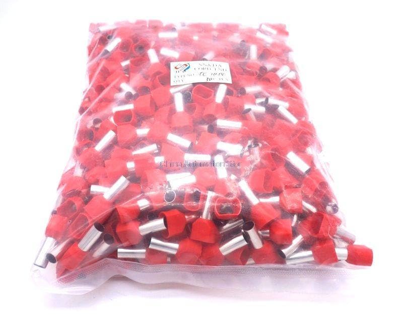 500pcs/pack TE10-14 2 X 8 AWG Red PVC Insulated Twin Ferrules for 2 X 10.0mm2 14.0mm of Copper Length