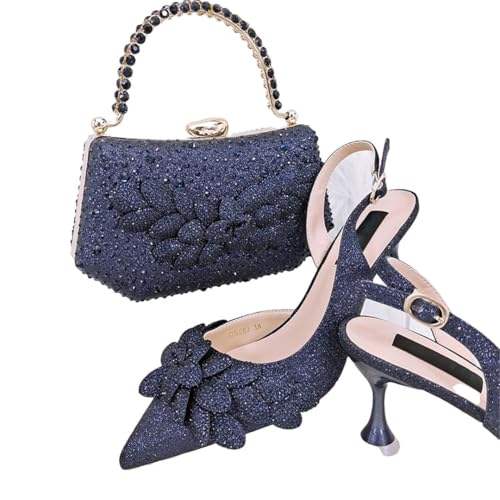 Women's Italian Style Shoes and Bag Set Evening High Heels with Gemstone Decoration Matching Leather Handbag
