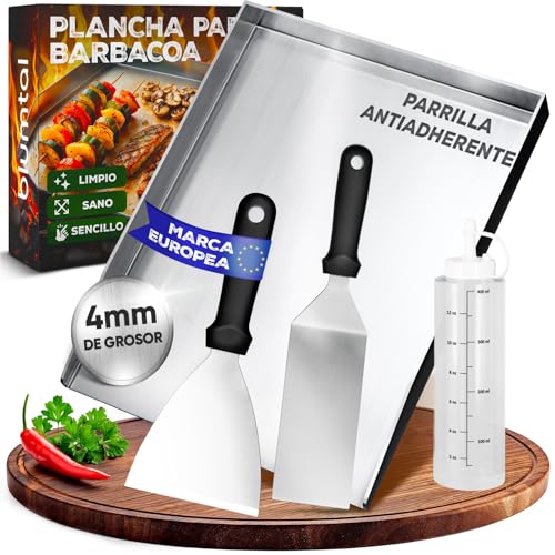 Blumtal Set Plancha Cocina acero inoxidable- 2 Espatula cocina acero inoxidable - Plancha y accesorios barbacoa 30x40 cm con botella de aceite - apto barbacoas de gas -resistente al óxido y robusta