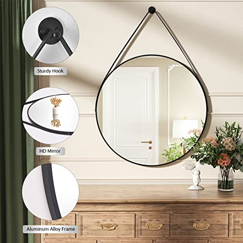 Harritpure Black Round Mirror With Hanging Leather Strap Aluminum Frame Wall-Mounted Circle Mirror Hanging Mirrors For Bathroom Vanity Living Room Bedroom Entryway Decor #TOP3