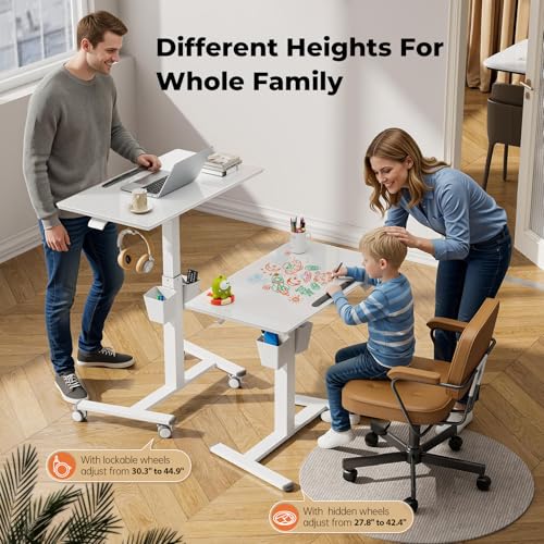 Image of 35 inch Glass Mobile Standing Desk with 90 Tilt, Rolling Whiteboard on Wheels | Height Adjustable Portable Drafting Table with Storage, Small Foldable Laptop Desk for School Home Office, White