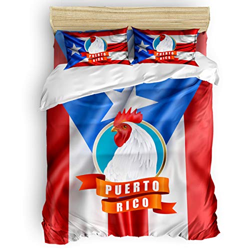 Yogaly Home Bedding Set 4 Pieces Twin Size Duvet Cover Set for Adults/Teens/Kids Puerto Rico Flag Chicken Printed Bed Sheets, Duvet Cover, Flat Sheet, Pillow Covers