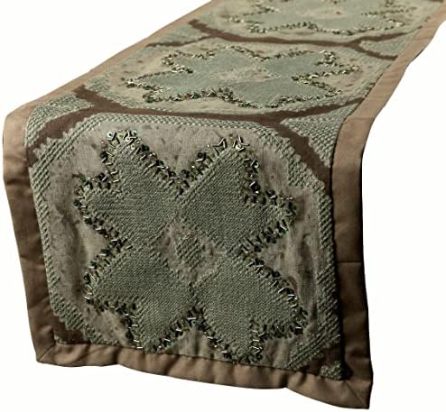 The HomeCentric Decorative Table Runner Taupe Green Velvet with Embroidery & Beads Green Velvet & Suede 14 x 72 inch Long, Wedding Decor Table Linen Modern Table Runner - Earthy Paradise