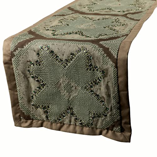 The Homecentric Decorative Table Runner Taupe Green Velvet With Embroidery & Beads Green Velvet & Suede 14 X 72 Inch Long, Wedding Decor Table Linen Modern Table Runner - Earthy Paradise #TOP26