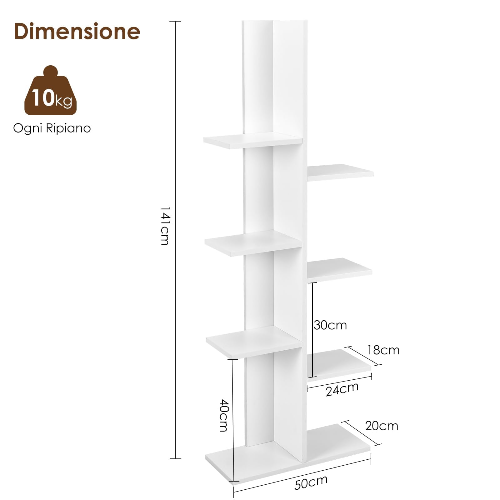 COSTWAY Scaffale in Legno per Libri, 6 Livelli, Libreria da Terra multiuso per Soggirno Ufficio Balcone, Ideale per per Soggirno Ufficio Balcone, 50 x 20 x 141 cm (Bianco)