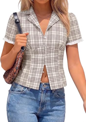 Tankaneo Womens Puff Sleeve Plaid Shirts Gingham Tops Y2k Summer