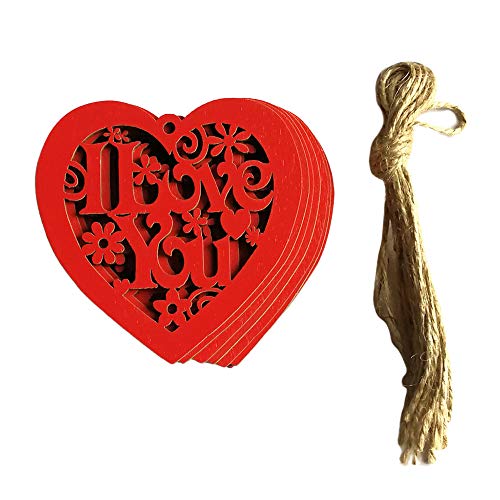 Baugger - 10pcs coração de madeira oco eu te amo com corda casamento ornamentos de suspensão diy art