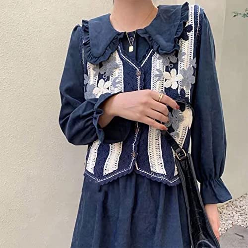 Women's Summer Knitted Sleeveless Top Contrast Color Striped Embroidery Floral Cardigan Button Crochet Top Vest Khaki, One Size #TOP5