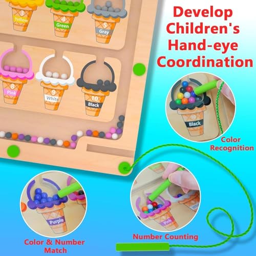 Image of NSA-Magnetic Ice Cream Color & Number Matching Board for Kids | Wooden Montessori Learning Toy for Toddlers | Color Recognition, Counting 1-10, Fine Motor Skills | Ages 2-5 Years