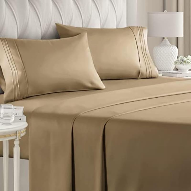 Image of Double Size Bedsheets for Single Bed 600 TC - Cotton Elastic Fitted Sheet (48 x 75 Inches) with 10 Inch Drop- Color Taupe Solid [ Fitted Sheet with 2 Pillow Cover]