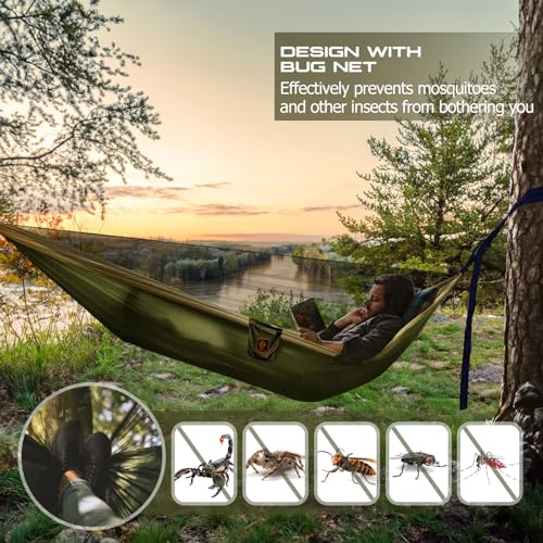 Camping Hammock, Portable Hammocks with Mosquito Net,Lightweight Nylon Parachute Hammock with 10ft Tree Straps,Camping Gear Must Haves for Travel Hiking Backpacking Beach Patio-Green&Khaki - Image 5