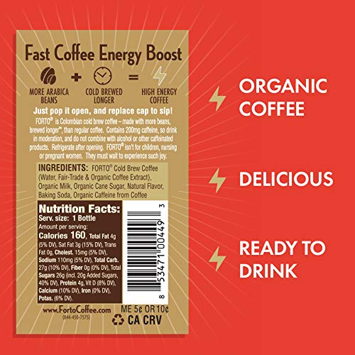 FORTO Energy Coffee – 200mg Caffeine, Coffee Latte, Delicious & Organic Energy, Ready-To-Drink 11 Fl Oz, Pack of 12