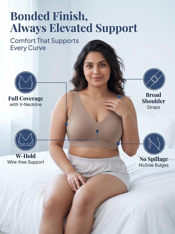 Image of Women's Cotton Non-Padded Plus-Size Full Coverage Bonded Bra | Hidden Concealer Cups | Broad Shoulder Straps | Seamless | Elastic-Free Bottom Band | No Marks, No Digging | Pack of 1