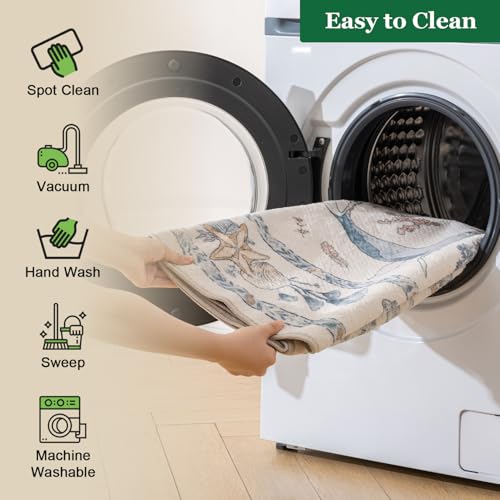 Soft Marine Animal Washable Faux Wool Stain Resistant Rug Rubber Non-Slip Backing for Playroom Bathroom Living Room Bedroom Bedside Beachy Cute Coastal Nautical Nursery Rug (Blue Multi, 5' x 7') - Image 9