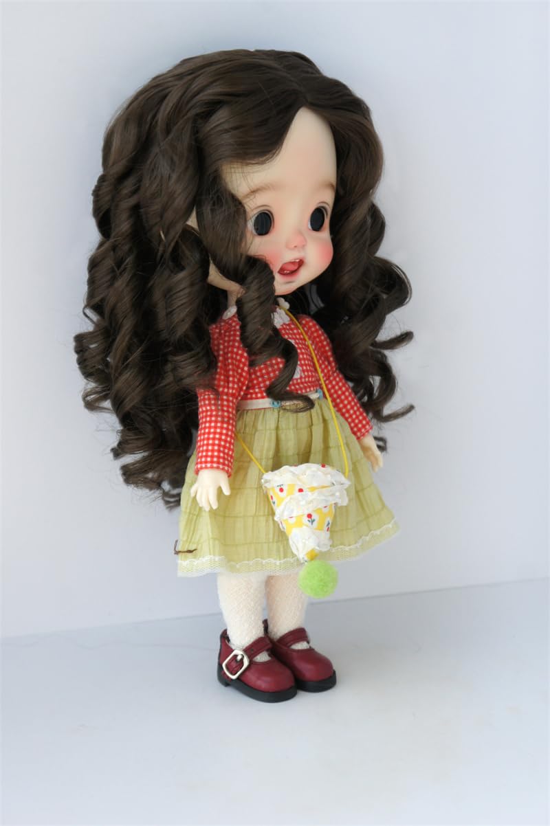 QBaby Doll Wigs JD340 9-10inch 23-25 CM Lady Roll Curly Girlish Sauvage Synthetic Mohair BJD Doll Wigs Blythes Doll Accessories (Medium Brown)