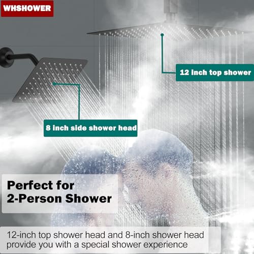 WHSHOWER Full Body Shower System With Body Jets Multi Function Shower Faucet Set With Waterfall Tub Spout 12 & 8 Inch Dual Shower Head 5 Ways Temperature Display Valve And Handheld Spray,Matte Black