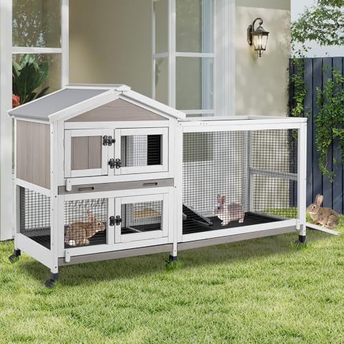 PetsCosset Rabbit Hutch Outdoor Indoor Bunny Hutch with Run 2-Story Large Rabbit Cage on 6 Wheels, 3 Leak Proof Trays, Ramp, Waterproof Roof for Small