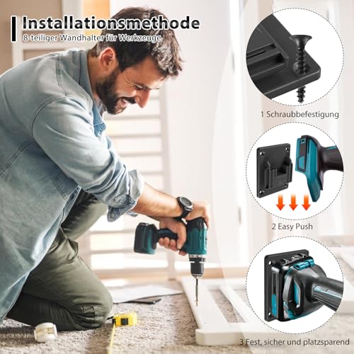 8 Stück Wandhalterung Werkzeughalter für Makita 18V Akku Geräte, Bohrerhalter für Elektrowerkzeuge, Schrauber Halterung mit 32 Schrauben, Maschinenhalter für Werkstatt und Garage, 14.4/18V, Schwarz