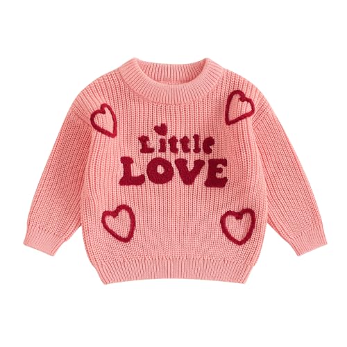 Toddler Baby Girl Valentines Day Outfit Little Love Heart Knit Sweater Long Sleeve Crewneck Pullover Fall Cute Top (Pink Little Love, 12-18 Months)