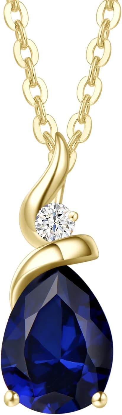 FANCIME 14K Solid Yellow Gold Birthstone Pendant Necklace for Women with Diamond Pear Shaped Teardrop Necklace Birthday Gifts for Mom Women Sterling Silver Chain 16" + 2" Extender