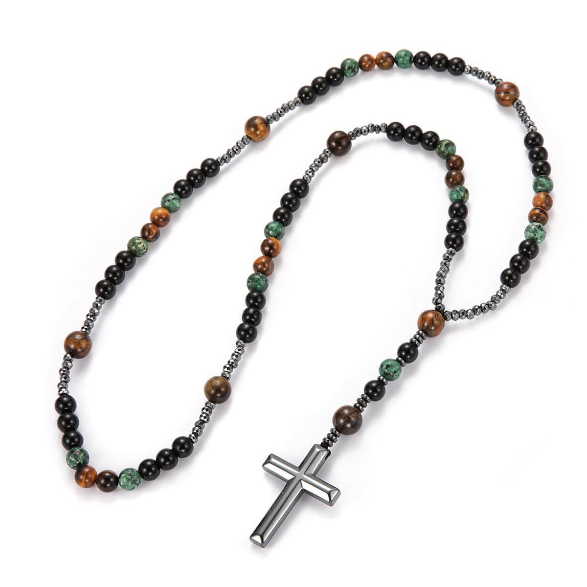 Jemant Cross Beads Necklace For Men Women Trendy Natural Tiger Eye Stone Obsidian Beaded Chain Chunky Black Cross Pendant Christ Healing Crystal