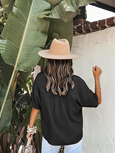 Hotouch Womens Loose Linen Blouse Summer Casual V Neck Collared Shirt Oversized Black, Medium, Short Sleeve #TOP3