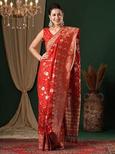 Image of Women's Georgette Kanjeevaram Saree with Woven Ethnic Motif Design, Unstitched Blouse Piece
