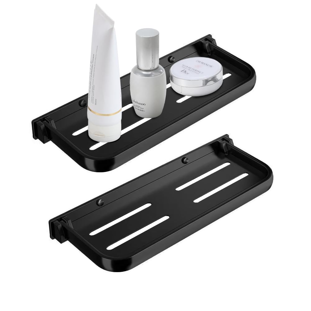 Z metnal RV Foldable Shelf, Metal Floating Shelves, 2 Tier Hidden Shower Shelves Rack,Space-Saver, Wall-Mounted, 12 inch, Black