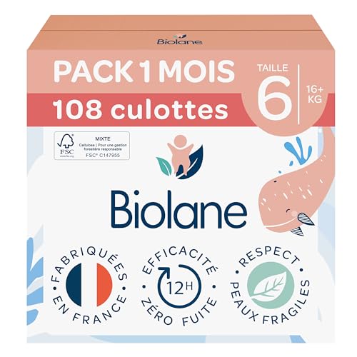 BIOLANE - Pieluchy - Rozmiar 6 (16 kg) - bez wycieków przez 12 godzin - Opakowanie 1 miesiąc - 108 pieluch - Ekologiczne - Wyprodukowano we Francji