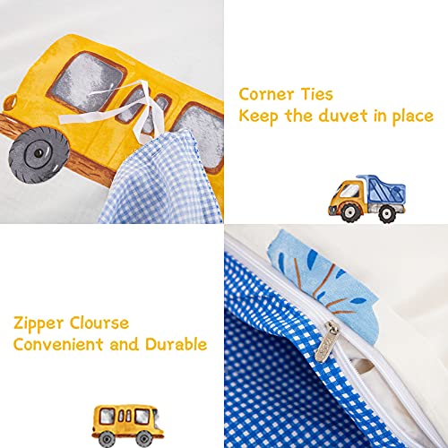 Kids Duvet Cover Set Queen, 100% Cotton Yellow Truck Tractor Bedding For Boys Girls, 3 Pieces Reversible Blue Plaid Cartoon Comforter Cover #TOP3
