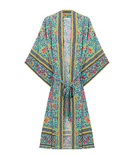 R.Vivimos Women's Vintage Floral Print Beach Boho Cardigan Kimono Maxi Swimwear Cover up Dress Wrap (XL, Green)