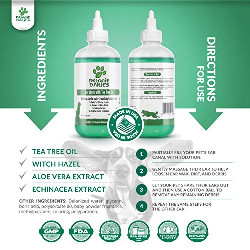 Doggie Dailies Pet Ear Cleaner, Tea Tree Oil, Witch Hazel and Soothing Aloe, Vet Formulated Ear Cleaner for Dogs, Gently Removes Wax and Debris, Reduces Odor, and Maintains Ear Cleanliness