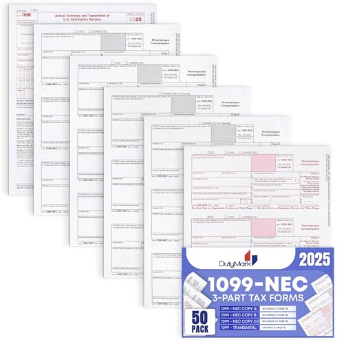1099 NEC Forms 2025, 50 Pack 4 Part Laser Tax Forms Kit Pack of Federal/State Copy's, 1096's –Great for QuickBooks and Accounting Software, [NO Envelopes] 2025 1099-NEC, 50 Pack