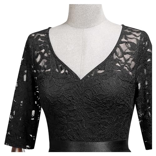 Missmay Women'S V-Neck Floral Lace Elegant Style Half Sleeve Bridesmaid Party Dress Black thumb #8