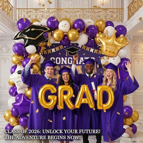 Purple and Gold Graduation Decorations Class of 2026 - Graduation Party Supplies with Backdrop Congrats Grad Balloon Arch Kit Foil Star Crown Balloons for College High School Graduation Party Supplies by besttideyes - Used condition - Image 2