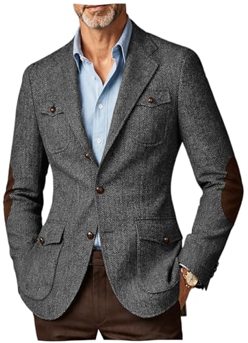 Men's Tweed Blazer Vintage British Sport Coat with Elbow Patches Retro Casual Hunting Suit Jacket L Grey