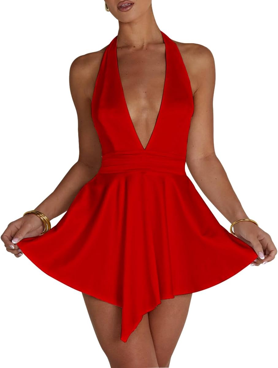 LuFeng Women's Sexy Sleeveless Halter Deep V Neck Backless Tie Back Waist Flowy Drape Satin Cocktail Mini Dress