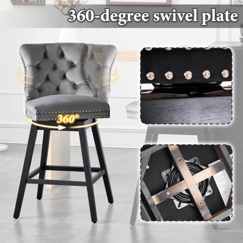 Image of Grey Swivel Bar Stools, Velvet Counter Height Bar Stools Set of 5 | 360 Swivel Bar Chairs, Solid Wood Legs, Upholstered Kitchen Island Stools, Modern Extra Wide Seat (Grey, 30 inch H, 5 Pack)