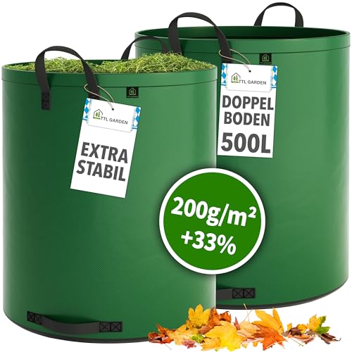 TTL Garden 2x 500L SUPER SOLID Gartensack grün - DOPPELTER BODEN 2x200 gsm extra stabil & reißfest selbststehend 4 Griffe groß robust 2er Set Laubsack Abfallsack für Gras Laub Hecke Gartenabfall