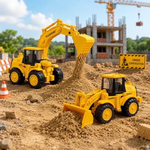 Image of PLUSPOINT Construction Excavator & Bulldozer Toy Vehicles Set for Kids | Friction Powered Push & Go Construction Trucks | Pretend Play Building Vehicle Toys for Boys & Girls Age 3+