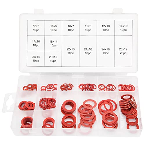 Mavaol 150pcs 14 Sizes Red Steel Paper Fiber Flat Washers Kit Insulation Washer Assorted Set with Box