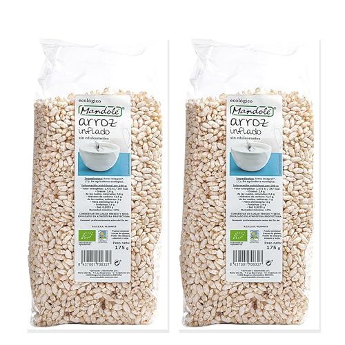 Pack 2 Arroz Inflado Sin Edulcorantes Bio 175 g, cereal ecológico de arroz integral inflado 100%, ideal para desayuno y meriendas, textura ligera y crujiente, 350 g total.